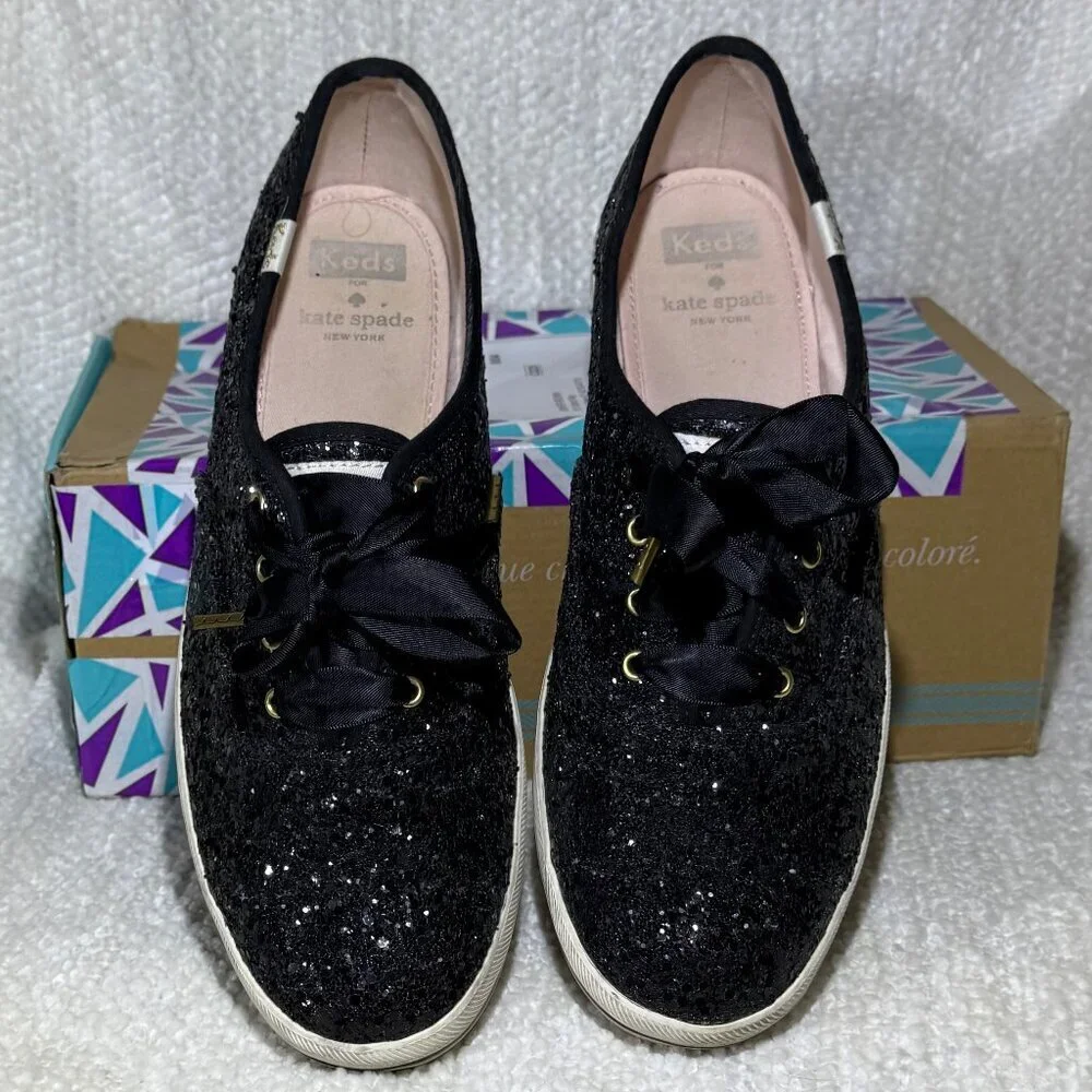 Keds x kate spade Black Glitter Sneakers Women's‎ 9.5 Ribbon Laces EUC